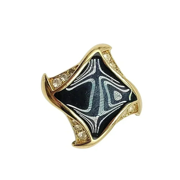 TRIFARI Gold Tone Pave Clear Rhinestone Black Enamel Abstract Pin Brooch Vintage - Picture 2 of 4